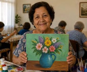 Aluna da terceira idade mostra pintura de vaso de flores
