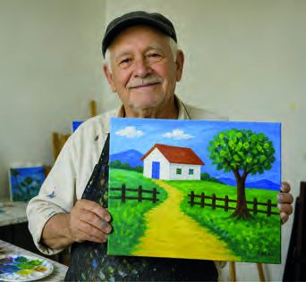 Aluno da terceira idade mostra pintura de casa no campo