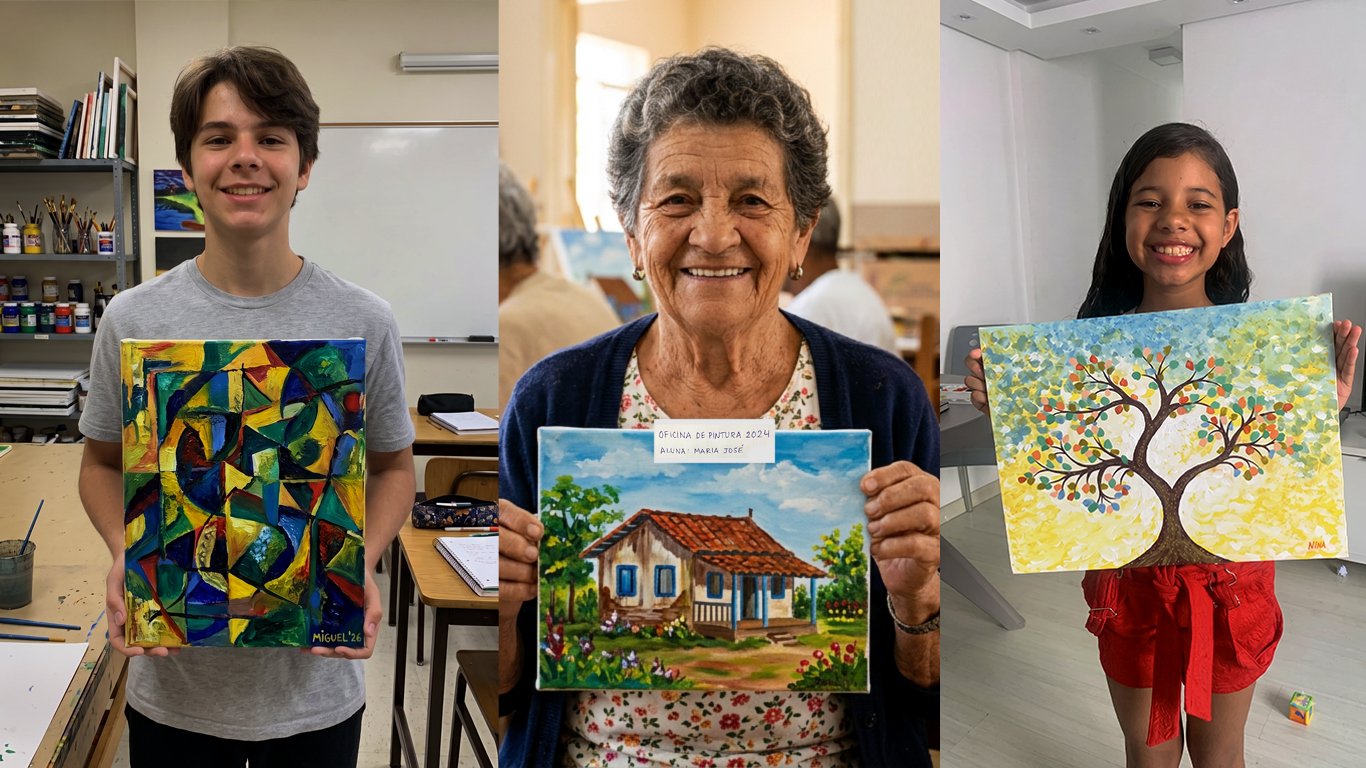 Três alunos do curso — um jovem, uma idosa e uma criança — mostram suas pinturas