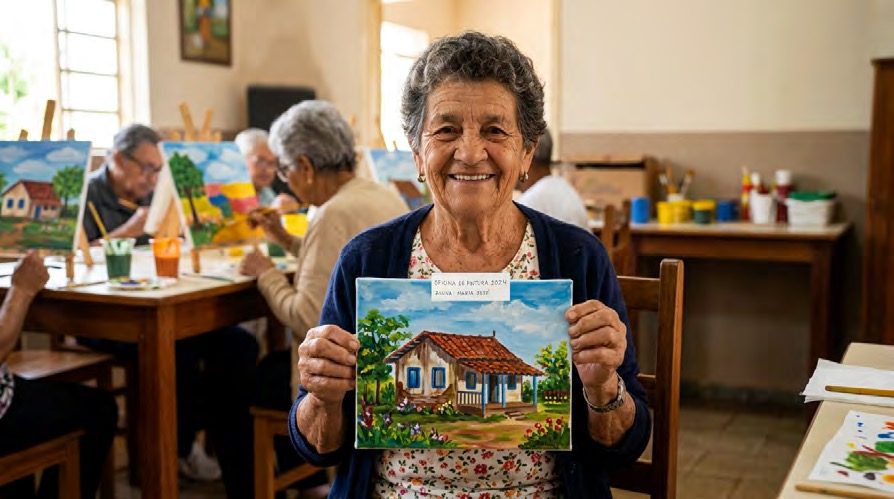 Aluna sorridente segura sua pintura de uma casa de campo durante a aula