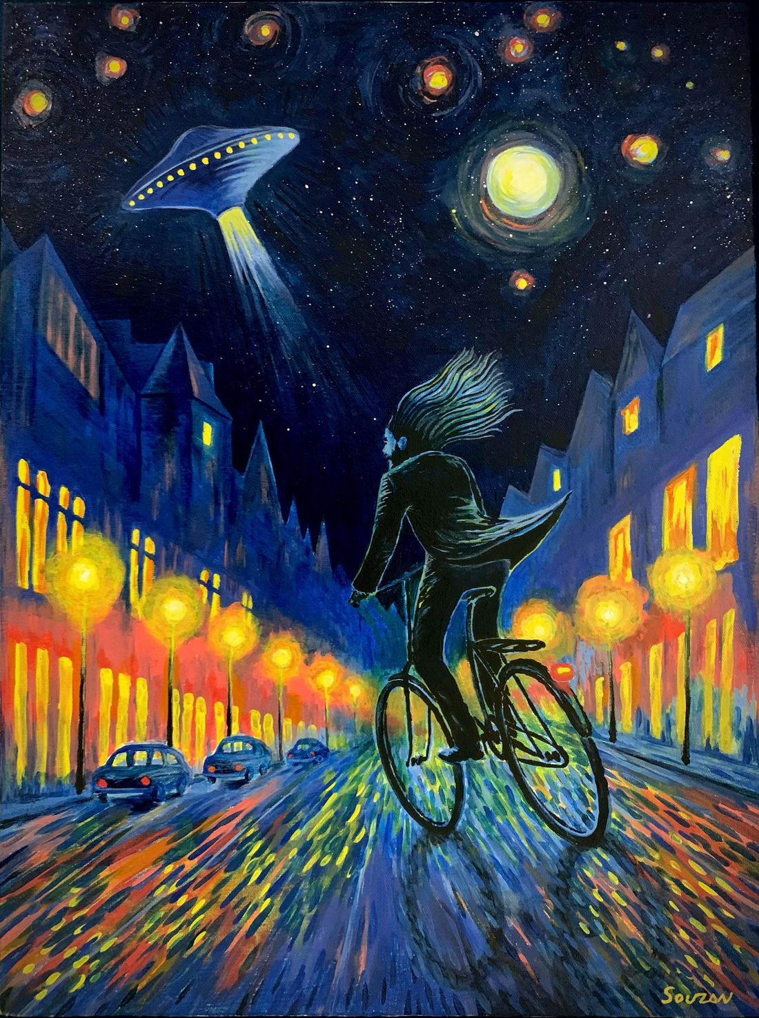 Pintura de Alex Souzan: ciclista em rua noturna iluminada, em cores vibrantes