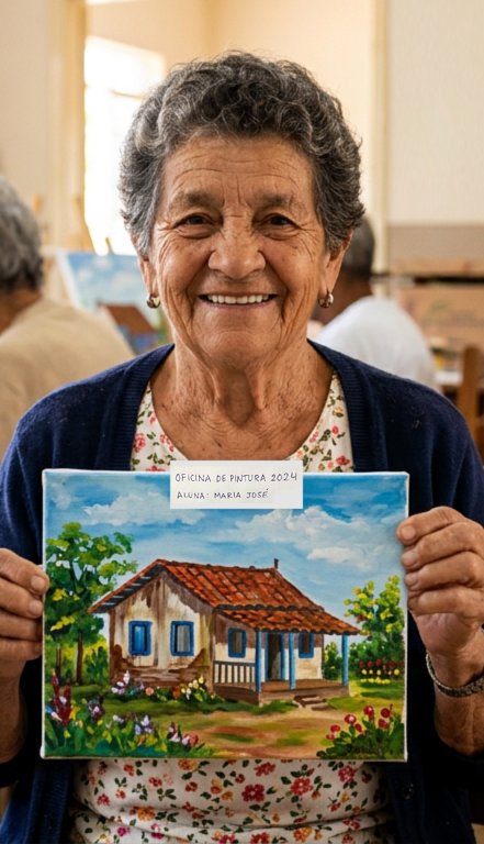 Aluna da turma de adultos sorri ao mostrar sua pintura de uma casa de campo